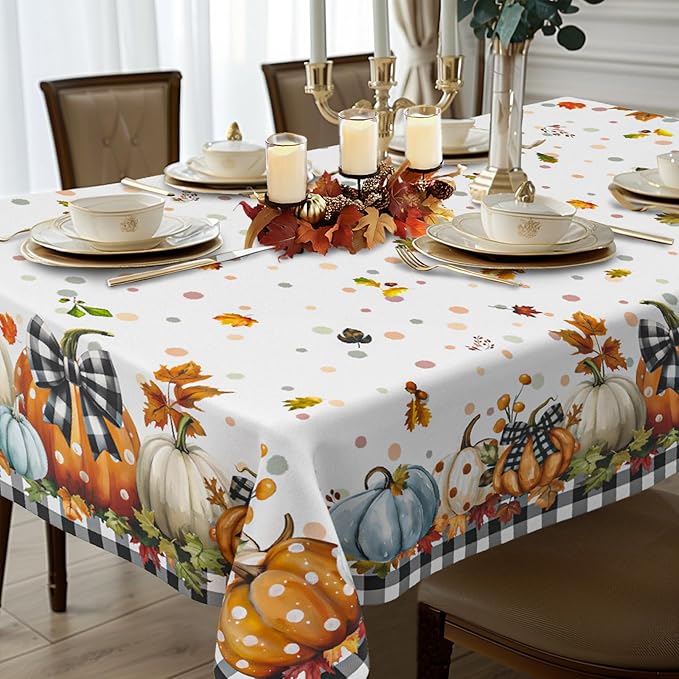 Fall Pumpkin Tablecloth Thanksgiving Autumn Buffalo Plaid Table Cloth 60"x102", Waterproof and Reusable Table Cover for Fall Harvest Party Decoration