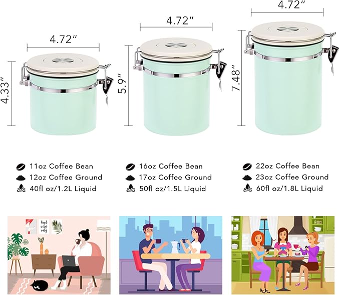 ShanSon Coffee Canister Airtight Coffee Container Stainless Steel Coffee Bean Storage Container with CO2 Release Valve and Scoop Coffee Canister for Beans,Grounds,Sugar,Flour,Tea,Cereal,11OZ,Green