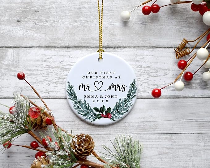 Andaz Press Personalized Our First Christmas As Mr. & Mrs. Christmas Ornaments Holly & Pine Wreath 2.8" Round Porcelain Ceramic Custom 1St Year Married Christmas Ornament 2024 for Newlyweds 1-Pack