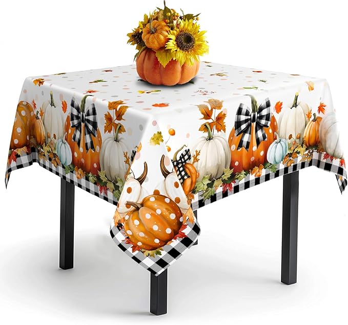 Fall Pumpkin Tablecloth Thanksgiving Autumn Buffalo Plaid Table Cloth 60"x60", Waterproof and Reusable Table Cover for Fall Harvest Party Decoration