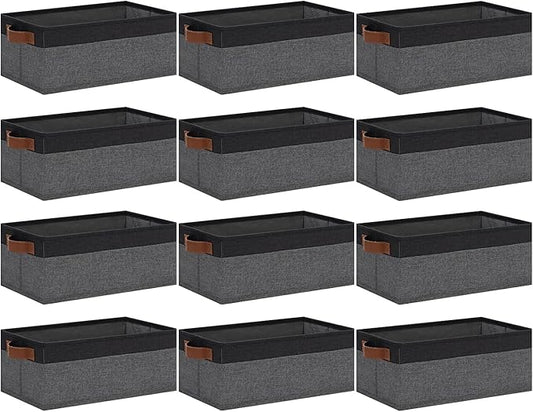 GhvyenntteS Small Fabric Storage Bins 12 Pack, 11.8" x 7.87" x 5.11" Storage Basket with Leather Handles, Closet Storage Bins for Shelves, Storage Baskets for Shelves, DVD Storage (Grey/Black)