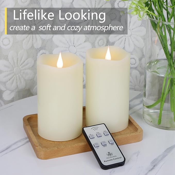 Flameless Candles Battery Operated with Remote Timer, 3D Moving Flame Flickering, Last 600+ Hours Battery Candles, 3" x 5" Ivory Real Wax Electric LED Candle for Wedding Party, Set of 2