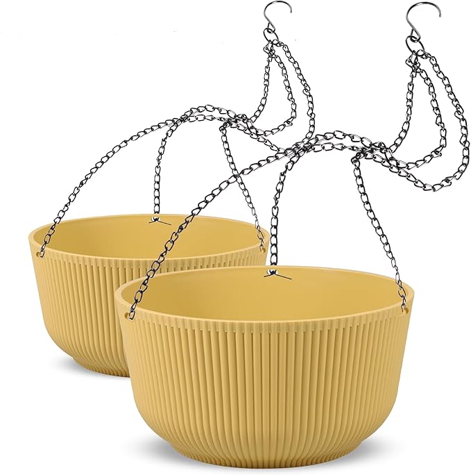 Dexceder 11.2 Inch Self Watering Hanging Planters Indoor Outdoor, Thickened Hanging Basket Flower Plant Pot (2 Pack, Yellow)