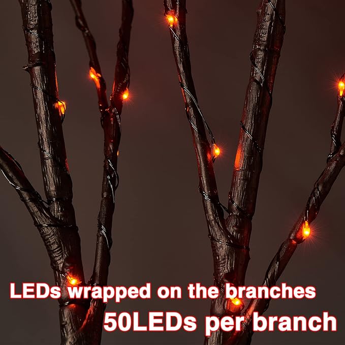 Fudios Halloween Lighted Branches with Timer 100 LED Orange Fairy Lights 32IN, Black Tree Branch Lights Battery Operated for Home Party Mantle Decoration