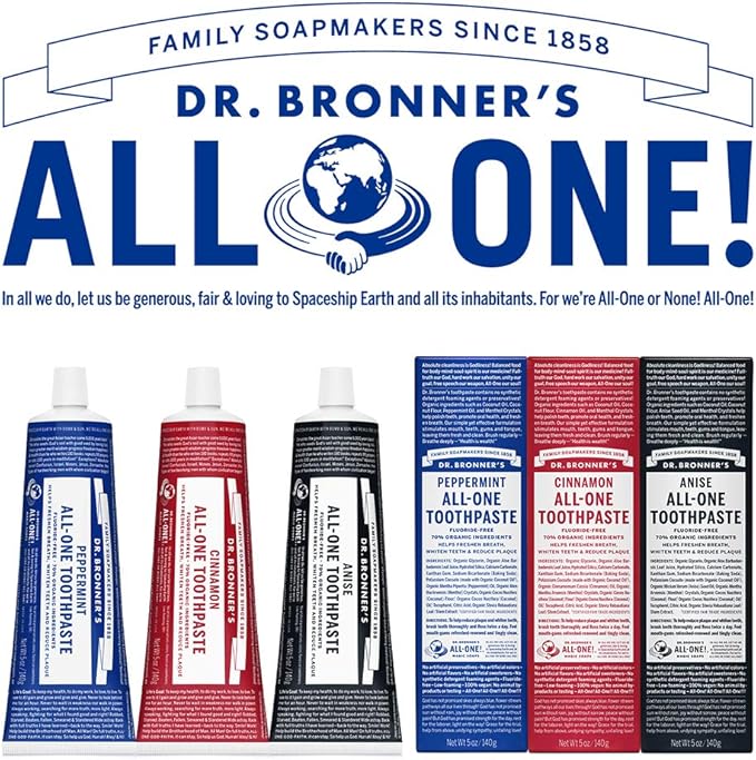 Dr. Bronner’s All-One Toothpaste 4-Pack Variety– (Peppermint, Spearmint, Cinnamon, Anise, 5oz Each)– 70% Organic Ingridients, SLS Free Toothpaste, Fluoride Free, Natural, Vegan, for Sensitive Teeth
