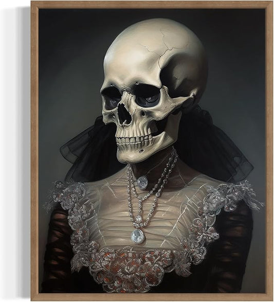 Female Skull Poster Art Print, Halloween Scary Vintage Wall Art Academia Spooky Painting Decoration for Horror Prints, Gothic Posters Bedroom Decor 89 (Female Skull, 8 x 10 inches, Wood Frame)