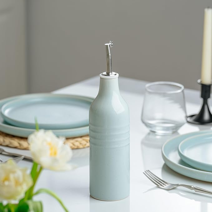 famiware Jupiter 16oz Ceramic Olive Oil Dispenser Bottle, Olive Oil and Vinegar Dispenser Bottle Set of 2 with Stainless Steel Pourers, Suitable for Storage Vinegar, Liquids, Light Blue