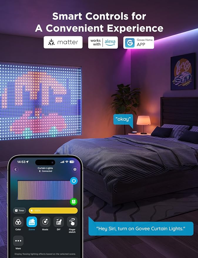 Govee Curtain Lights 2, Smart LED Curtain Light with DIY GIF AIGC, 1560 LEDs, RGBIC Color Changing Holiday Lights for Bedroom Window New Year Dynamic Decor, Outdoor IP65 Waterproof, 14.8×6.6ft