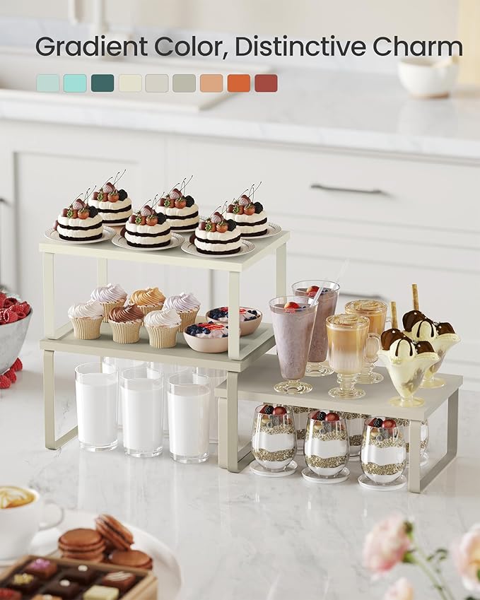 SONGMICS Cabinet Organizer Shelf, Set of 3 Kitchen Counter Shelves, Kitchen Storage, Spice Rack, Stackable, Expandable, Sand Beige UKCS220K01