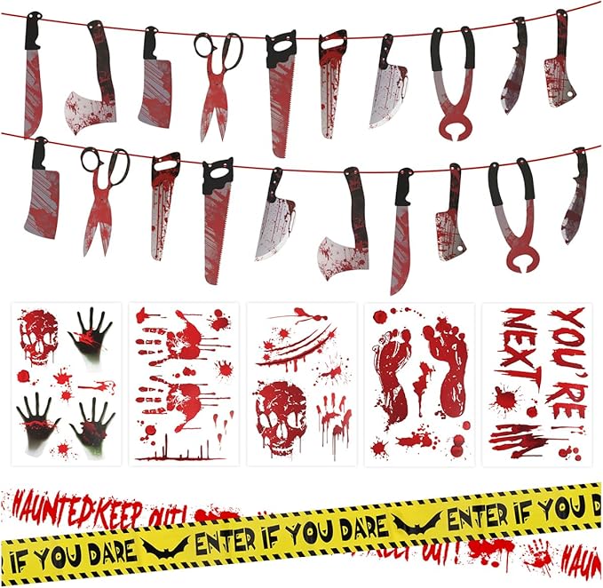 Halloween Decorations, 5 Sheets Wall Decals-Bloody Handprint Stickers, 2 Pack Halloween Banners and 2 PCS Caution Tape Rolls 3inx30ft for Haunted Mansion, Outdoor, Indoor, Party Decor