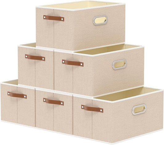 Yawinhe Foldable Storage Baskets for Shelves, Fabric Closet Organizers, Bins with 3 Handles, Cubes for Clothes, Beige, 15''Lx9.8''Wx8.3''H, 6-Pack