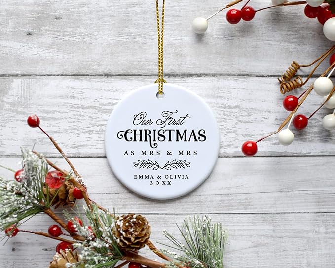 Andaz Press Personalized Our First Christmas As Mrs. & Mrs. 2025 Christmas Ornaments Laurel Wreath Leaves 2.8" Round Porcelain Ceramic Lesbian Married Couple Gay Women Newlyweds Keepsake 1-Pack