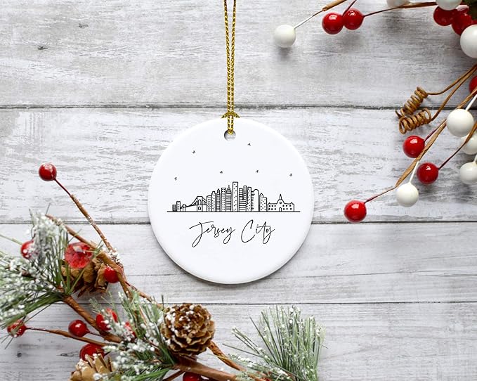 Andaz Press Round Ceramic Porcelain Christmas Tree Ornament Keepsake Gift, Jersey City, Black and White Stars City Skyline Graphic, 1-Pack, Birthday Ideas Family Coworker Him Her, Includes Gift Box