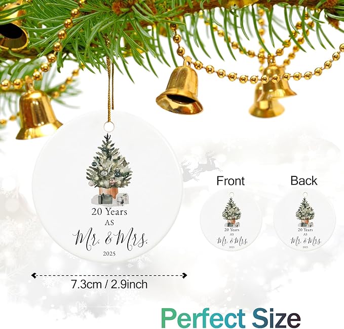 20th Anniversary Ornament Gifts for Couple, 20th Wedding Anniversary for 20 Year as Mr and Mrs Gifts, Ceramic Keepsake 20 Year Anniversary Christmas Ornaments with Ribbon and Box