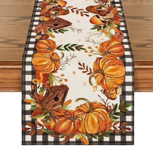 Artoid Mode Buffalo Plaid Pumpkin Mushroom Birdhouse Leaves Fall Table Runner, Autumn Kitchen Dining Table Decoration for Home Party Decor 13x120 Inch