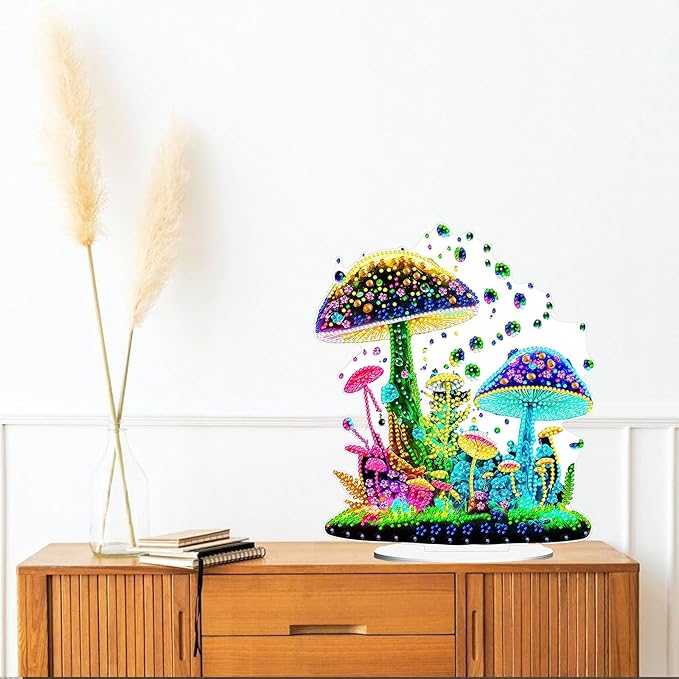 Diamond Painting Kits for Adults Beginners, 5D Full Drill Mushroom Crystal Art Desktop Ornament, DIY Single Sided Home Office Desk Decor, Creative Craft Gift Set with Tools