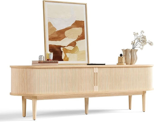 LINSY HOME Fluted TV Stand for 75" TV, Mid-Century Modern 70" Entertainment Center with Sliding Tambour Door and Storage Cabinet, Cruved TV Media Console Table for Living Room, Bedroom, Oak