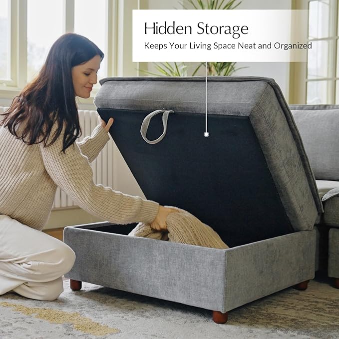 HULALA HOME 148" Modular Sectional Sofa with USB Port and Console, 4 Seater Sofa with Storage Ottoman, Oversized Sectional Couches for Living Room, FSC Certified, Grey