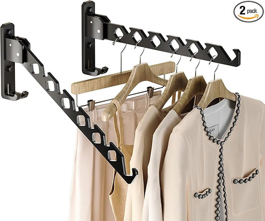Dr.DJ Wall Mount Coat Hanger Holder Black Clothes Drying Organizer Rack Garment Hooks Aluminium Retractable Folding Indoor Wall Mounted Hanger Space Saver for Laundry Room Bedroom Black 2Pack