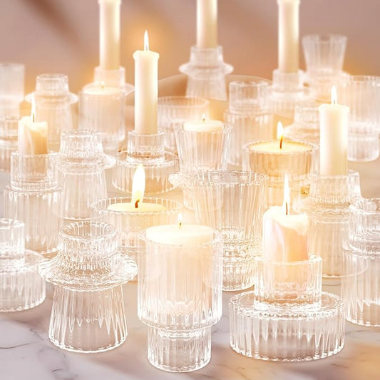 30 Pcs Glass Candlestick Holders Tealight Candle Holders, Double Side Taper Candle Holders for Dining Table Decor Birthday Centerpiece Wedding, Clear