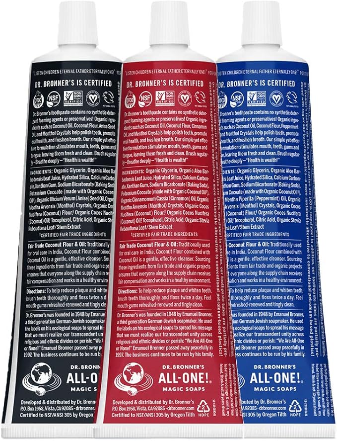 Dr. Bronner’s All-One Toothpaste 3-Pack Variety– (Peppermint, Cinnamon, Anise, 5oz Each)– 70% Organic Ingredients, SLS Free Toothpaste, Fluoride Free, Natural, Vegan, Gentle for Sensitive Teeth