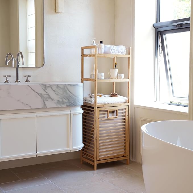 Laundry Hamper with 3 Tier Shelves & Tilt Out Basket, Laundry Baskets Organizer Hampers Bathroom Storage Shelf for Laundry Room, Bathroom, Guest Room (3-Tier Small)