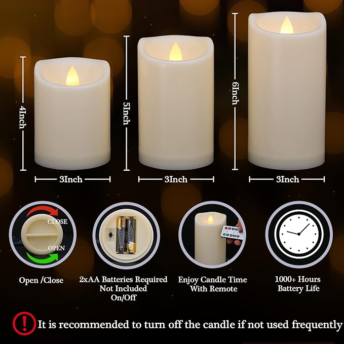Flameless Flickering Candles with Remote and Timers, 1000 Hours Waterproof Outdoor Indoor Battery Operated LED Pillar Candles, Ivory Plastic, Set of 3(D 3" x H 4" 5" 6")