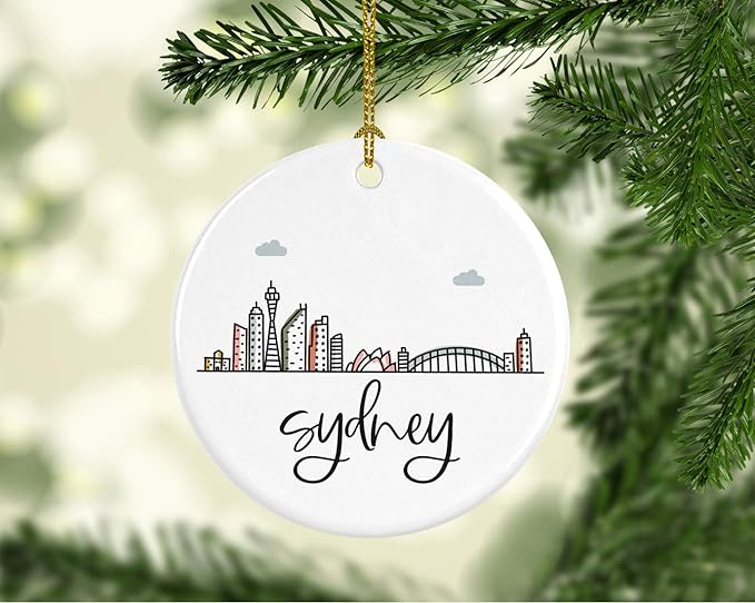 Andaz Press Round Ceramic Porcelain Christmas Tree Ornament Keepsake Gift, Sydney, Colorful International City Skyline Graphic, 1-Pack, Birthday Ideas Family Coworker Him Her, Gift Box