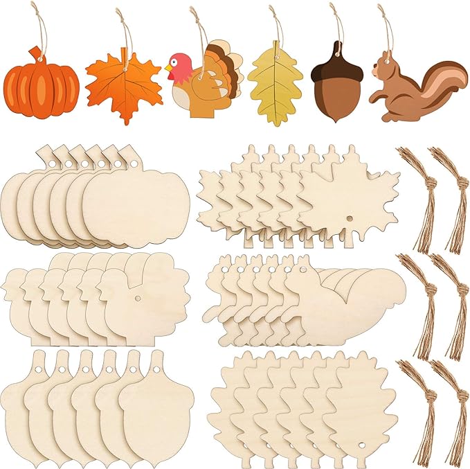 60 Pieces Fall Thanksgiving Unfinished Wooden Ornaments Maple Leaves Pumpkin Wood Cutout Squirrel Acorn Blank Wooden Ornament for Thanksgiving Party DIY Decor Supplies, 6 Styles
