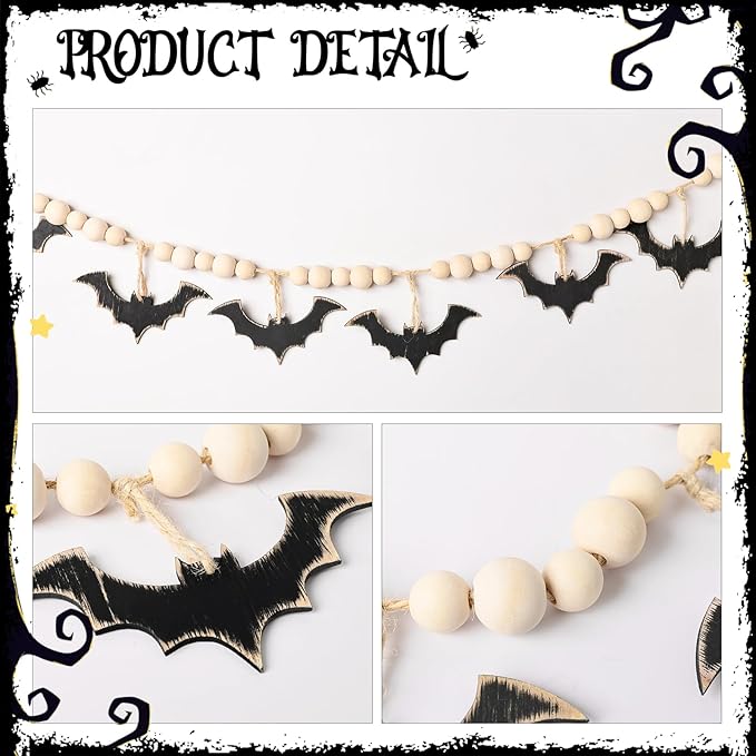 Halloween Garland, Farmhouse Wood Bats and Bead Garland for Halloween Decorations, Bat Banner for Wall Home Indoor Outdoor Black Halloween Decor Supplies