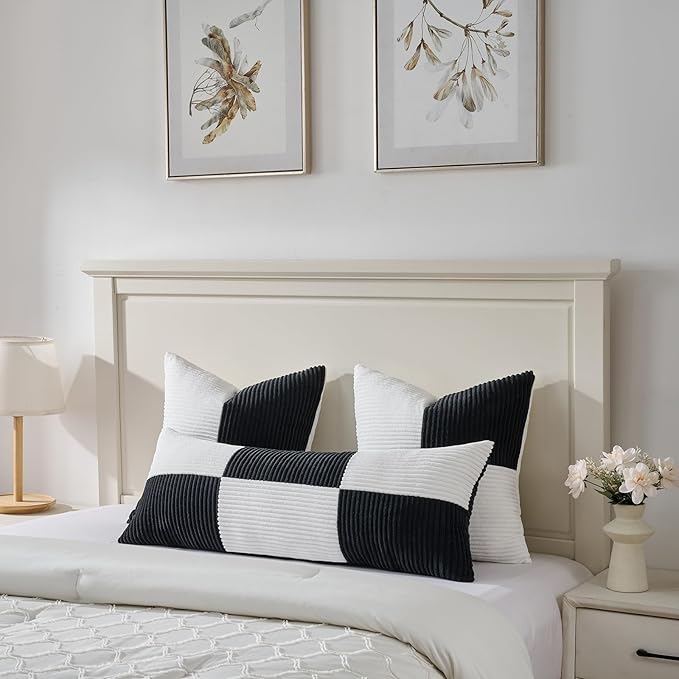 Fancy Homi Set of 2 Black White Samll Decorative Throw Pillow Covers 18x18 Inch with for Couch Bed Sofa Living Room, Soft Cross Patchwork Striped Corduroy Modern Square Cushion Case 45x45 cm