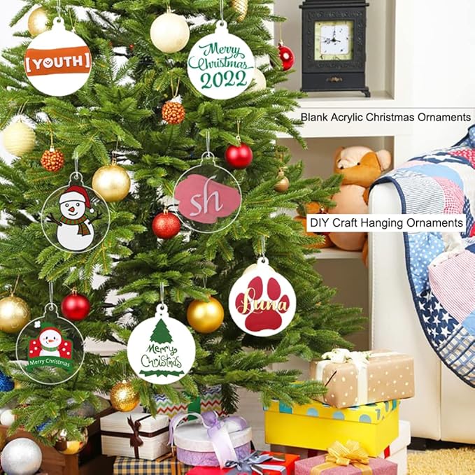 20Pcs 3 Inch Blank Acrylic Christmas Ornaments 2024 White Unfinished Round Acrylic Christmas Ornaments for DIY Craft Hanging Ornaments for Christmas Tree Decoration Xmas Party Decorations
