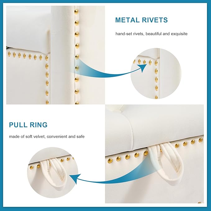 Storage Ottoman Bench, Velvet Upholstered Footstool for Bedroom and Living Room, Tufted Seat with Storage, Wooden Legs & Metal Rivets, Beige