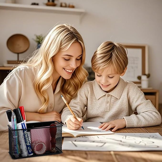 Wire Mesh Storage Baskets Organizer Set of 2 Black Magnetic Basket with 5 Strong Magnets Magnetic Organizer Holder for Refrigerator Locker Whiteboard Office, 6.29'' × 2.28'' × 3.54''