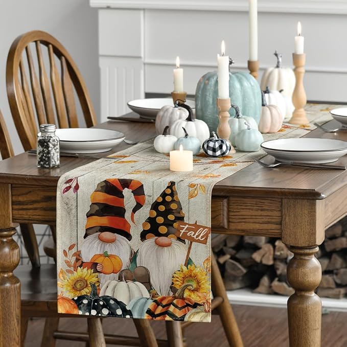 Artoid Mode Wood Gnomes Pumpkins Sunflower Maple Leaves Fall Table Runner, Kitchen Dining Table Decoration for Home Party Decor 13 x 90 Inch