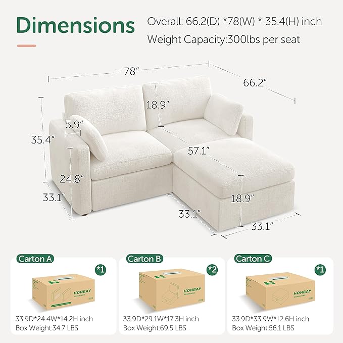 HONBAY Modular Sectional Couch with Storage Ottoman, Sectional Sofa with Storage Seats, L Shaped Sectional Couches for Living Room, Beige
