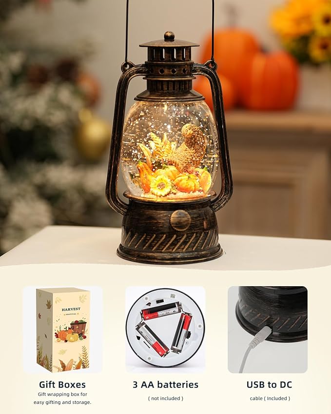Fall Decorations for Home - Vintage Fall Snow Globe Lantern with 6H Timer,Pumpkin Sunflowers Scene Snow Globes USB or Battery Powered,Fall Decor for Fall Harvest Thanksgiving Autumn
