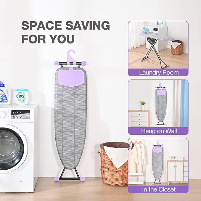 APEXCHASER Ironing Board with Iron Rest, Compact and Space Saver Iron Board, Extra Thick Cover, Height Adjustable, Wall Mount & Closet Hanger 13x43 Grey