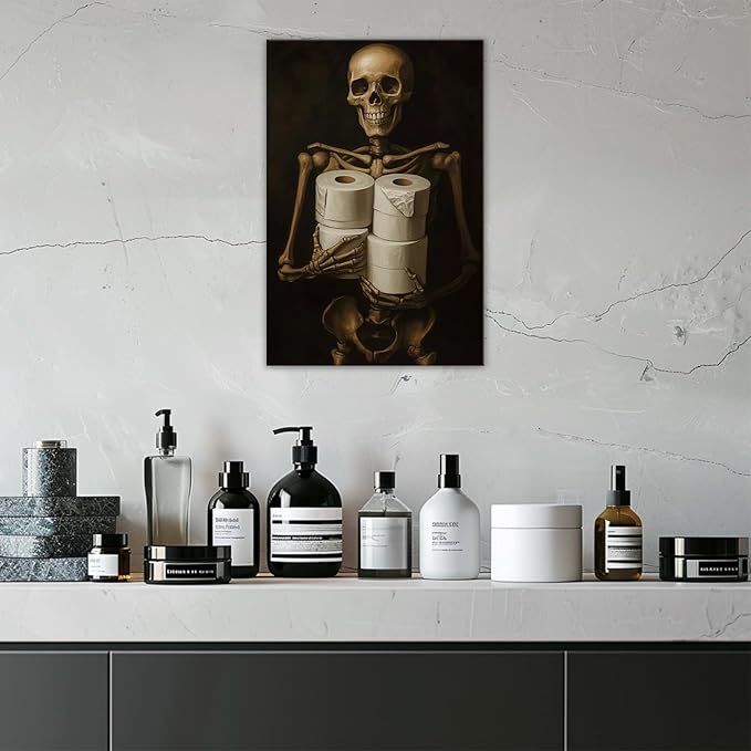 Gothic Skull Wall Art Funny Skeleton with Toilet Paper Canvas Print Vintage Skull Painting Framed Artwork for Living Room Home Halloween Wall Decor(Artwork-8,12"x18")