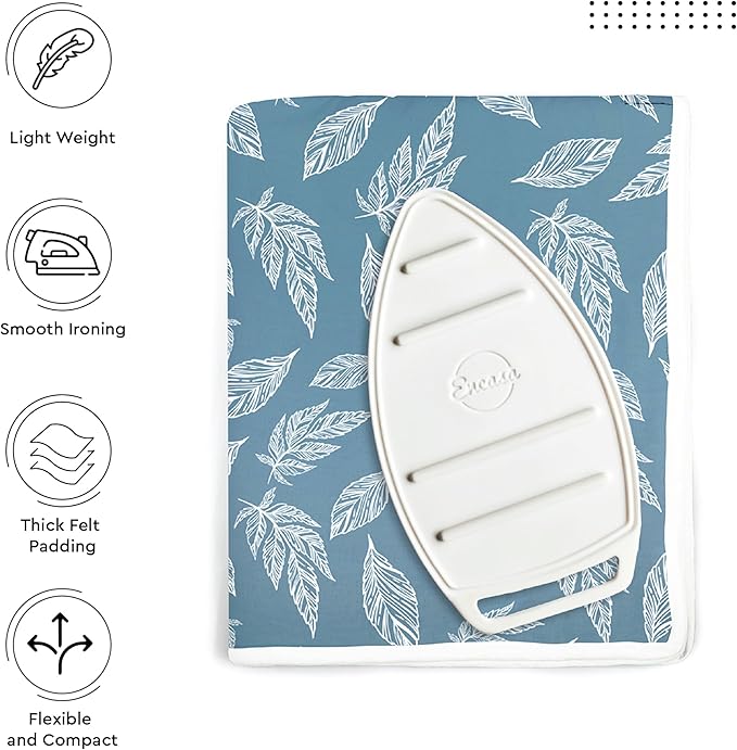 Encasa XO Ironing Mat/Pad (Large 48"x28") with 3mm Padding & Silicone Iron Rest for Steam Pressing on Tabletop or Bed - Heat Resistant, Portable, Quilting & Travel Blanket - Big Leaves Blue