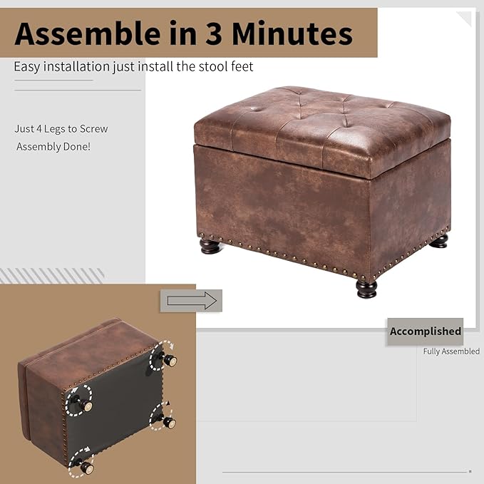 Joveco Leather Storage Ottoman, 24" Rectangle Tufted Square Upholstered Bench, Foot Rest Stool with Wood Legs, Footstool for Living Room Bedroom, Coffee