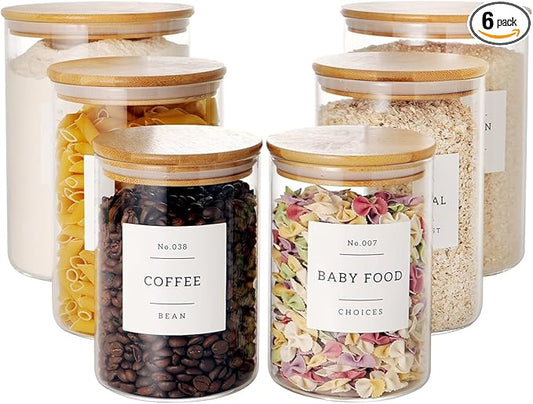 Set of 6 Glass Flour and Sugar jars with 132 Kitchen Pantry Labels - Thicken Large Glass Storage containers with Airtight Bamboo Lid - Glass Rice Canisters for Salt Coffee(100OZ/54OZ/27OZ)