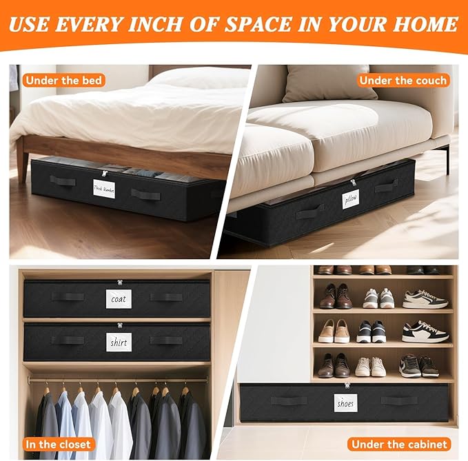 SpaceWhisper 90L Under Bed Storage Containers, 4-Pack Storage Bins with Clear Top, Foldable Closet Organizers and Storage with Label Holder for Clothing, Blankets, Comforter & Pillows(Black)