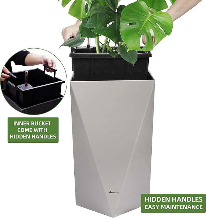 Dexceder 20 Inches Tall Self Watering Planter Diamond Metallic Matte Indoor Outdoor, Thickened Rhombus Large Floor Standing Flower Plant Pot with Water Level Indicator (Gray)