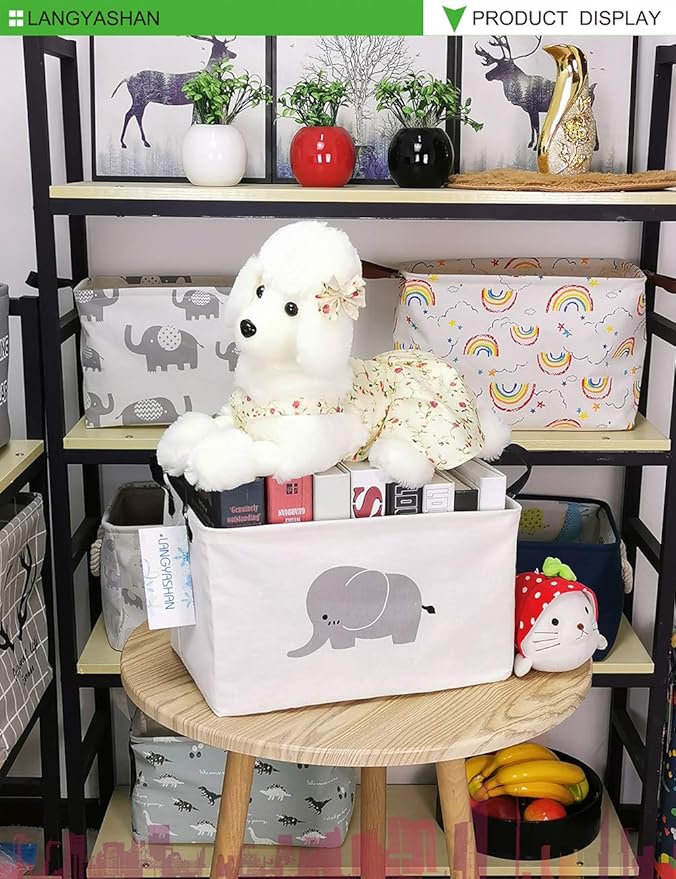 LANGYASHAN Rectangular Storage Bin Collapse Canvas Fabric Cartoon Storage Basket with Handles for Organizing Home Kitchen Boys and Girls Toys Office Closet Shelf Baskets (REC Elephant)