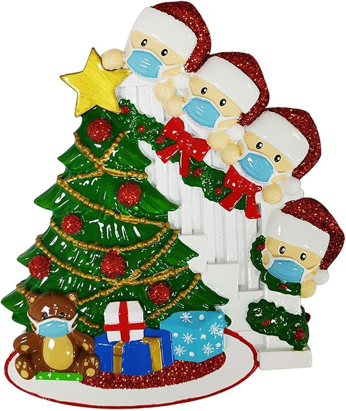 3D Masked Family of 4 Ornament 2025 Personalized Family Christmas Ornaments 2025 | Peeking Personalized Tree Ornaments for Grandchildren, Siblings & Grandkids Xmas Tree with Gifts of Four Ornament