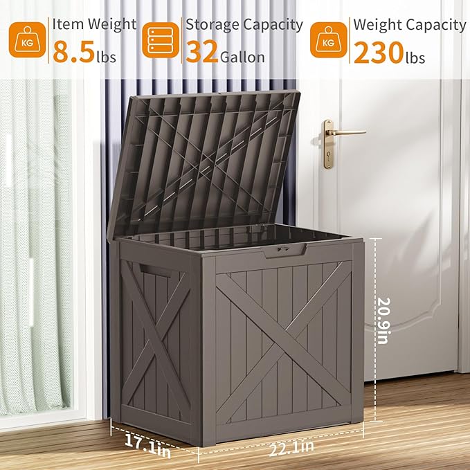 32 Gallon Deck Box Large Outdoor Storage for Patio Furniture,Outdoor Cushions,Garden Tools and Pool Supplies,Waterproof,Resin,Lockable(Grey)