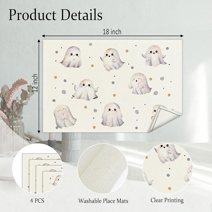 Halloween Placemats Set of 4, Cute Ghost Table Mat for Home Kitchen, Restaurants, Outdoor Linen Washable Place Mats 12x18 inch Party Event Dining Decoration-14