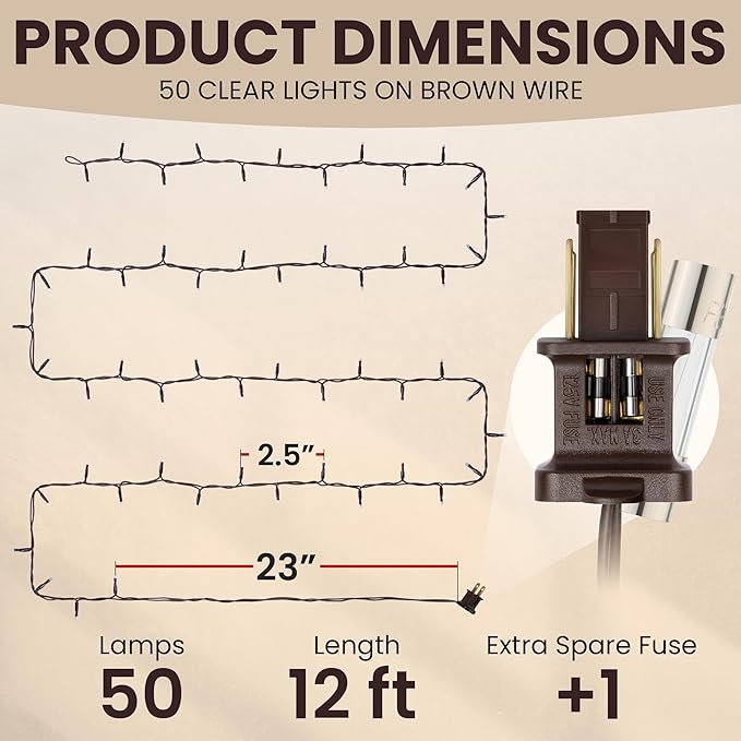 Teeny Lights 50Ct Brown - Warm Mini Bulbs with Brown Cord - Indoor/Outdoor Water-Resistant Farmhouse String Lights for Patio, Wedding, Home Decor, Rustic Christmas