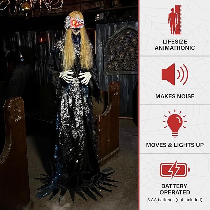 Haunted Hill Farm 5.5-Ft Animatronic Animated Standing Masquerade Lady, Halloween Animatronic, Spooky Venetian Masquerade Prop, Creepy House Party Decoration, Touch-Activated Lights & Sound, Life-Size